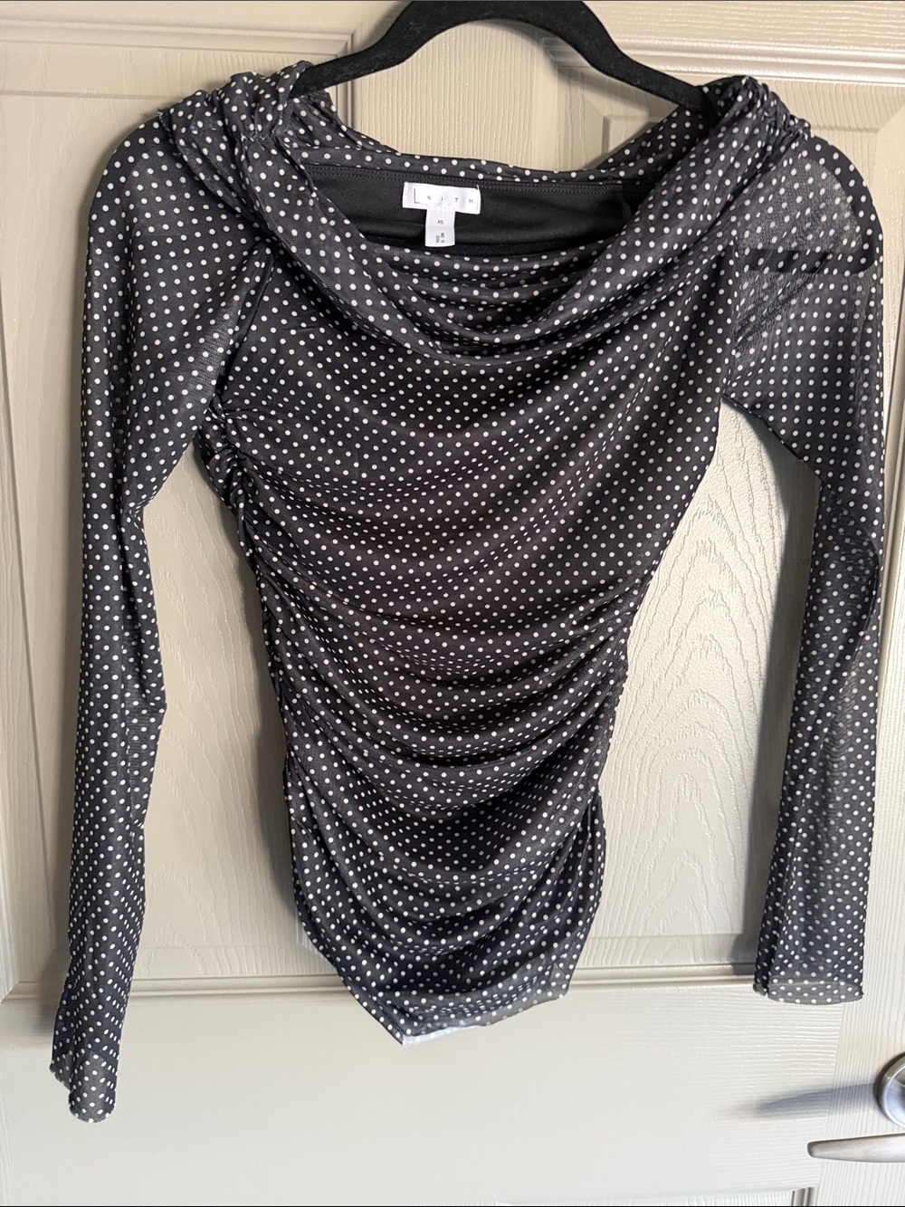 Leith Black & White Polka Dot Long-Sleeve Ruched Top